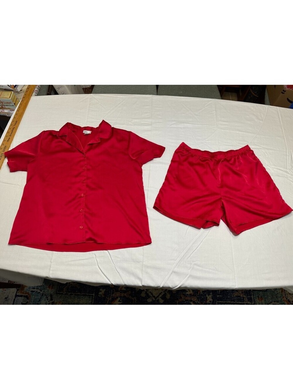 Red Pajama Sleepwear Set Silky Nordstrom Rack with Bonnet Shorts Shirt Medium